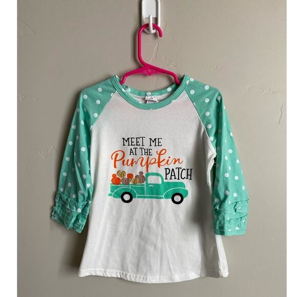 Meet Me At The Pumpkin Patch Mint Ruffled Sleeved Girls Fall Raglan Shirt - Picture 1 of 1